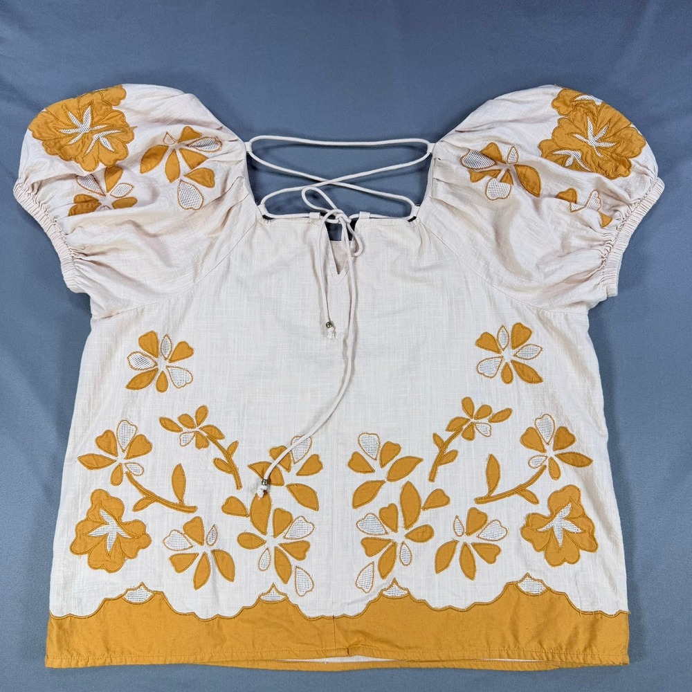 Madewell Floral Embroidered Top Womens L Cream Yellow Puff Sleeve Lace Up Back - Picture 5 of 6